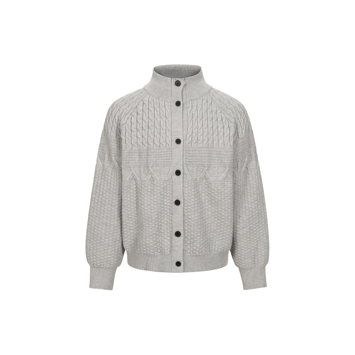 Light gray cable-knit stand-collar cardigan with dark front buttons, flat front view