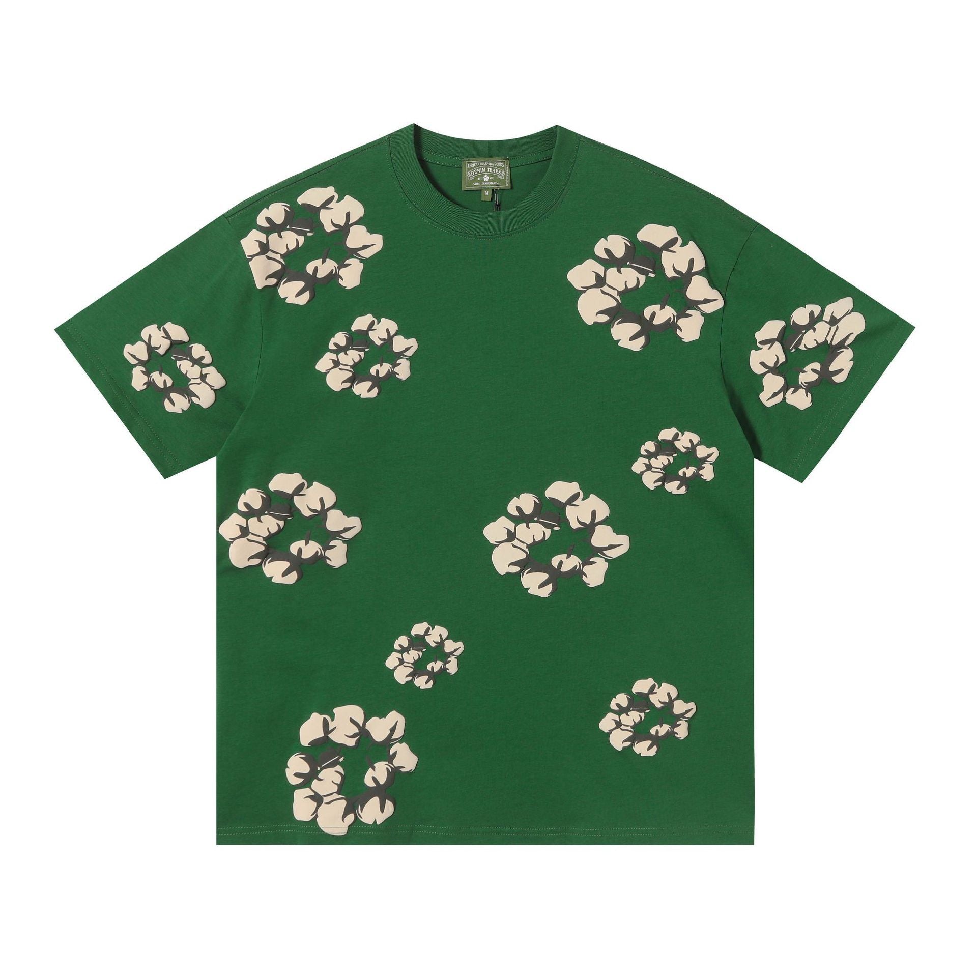 Denim Tears green T-shirt with allover beige cotton wreath graphic print on front and sleeves