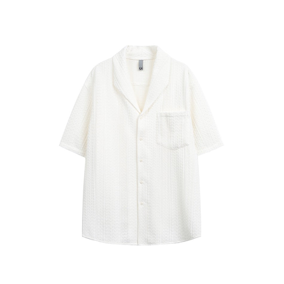 Off-white short-sleeve textured eyelet-knit shirt with notched collar, chest pocket and buttons, flat view