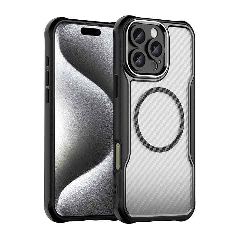 iPhone 16 Pro Max Case - Semi-Transparent Carbon Fiber + PC Material, MagSafe Compatible, Shockproof Airbag Corners, and Matte Finish, shown on a smartphone with a wavy screen pattern.