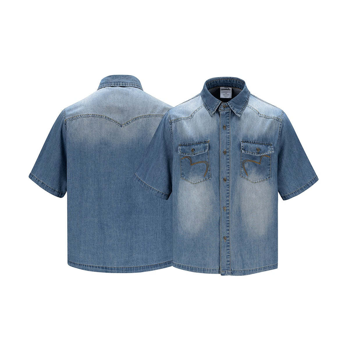 Light blue short-sleeve denim button-up shirt shown from the front and back, with two buttoned chest pockets.