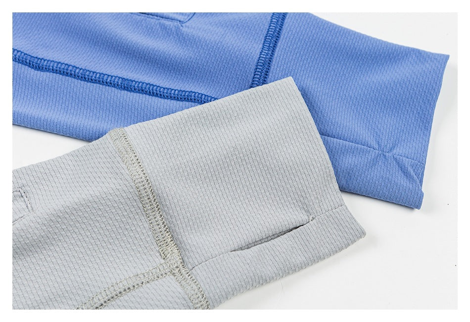 Blue and light gray garment cuffs shown together, highlighting their folded hems and stitching.