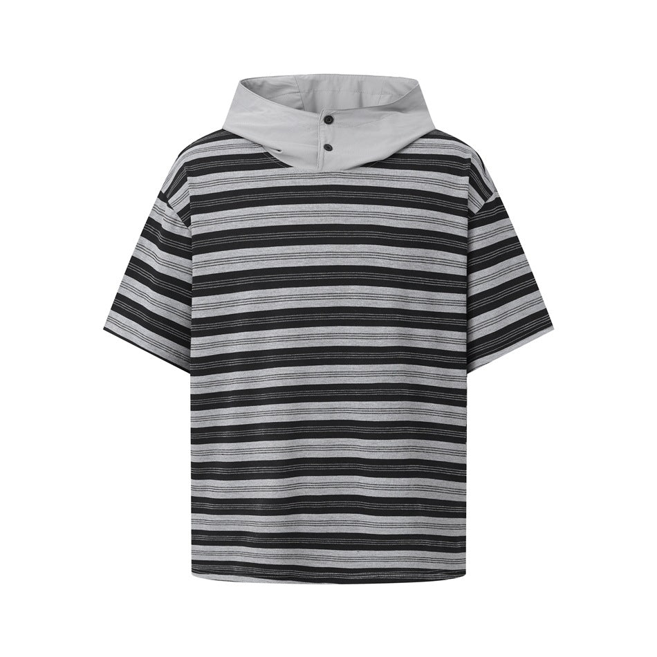 Black and gray striped short-sleeve top with light gray hood and two buttons, flat front view