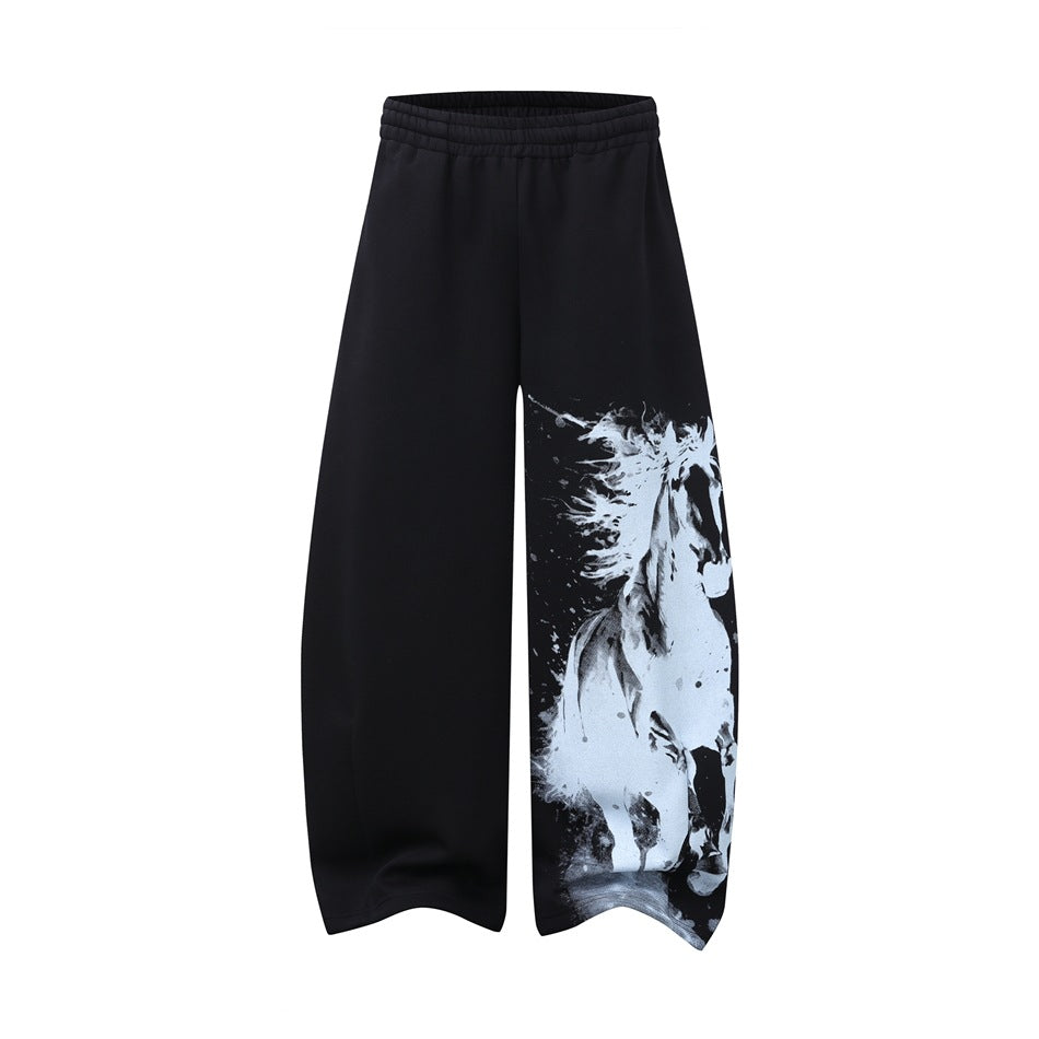 Black wide-leg sweatpants with elastic waist and pale blue running horse print on the lower leg
