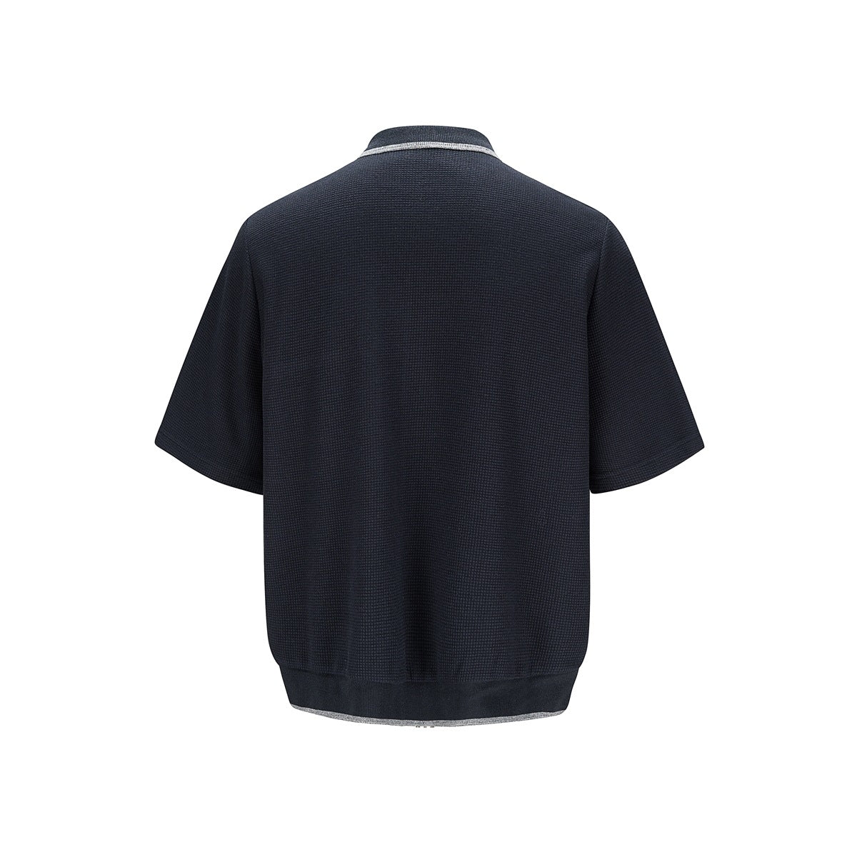 Back view of a dark navy textured short-sleeve shirt with light trim along the collar and hem.