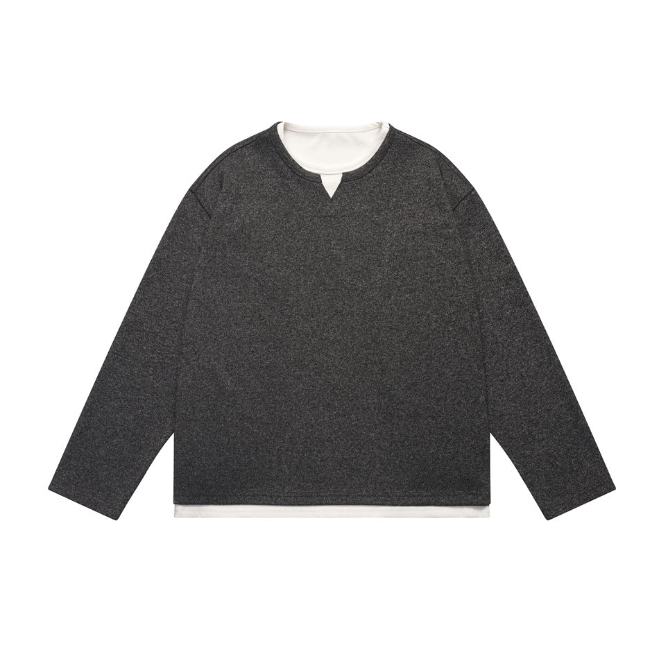 Dark heathered gray long-sleeve pullover with white layered neckline and hem, flat lay front view