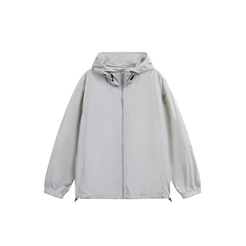 Light gray hooded full-zip jacket with drawstring hem and elastic cuffs, flat front view