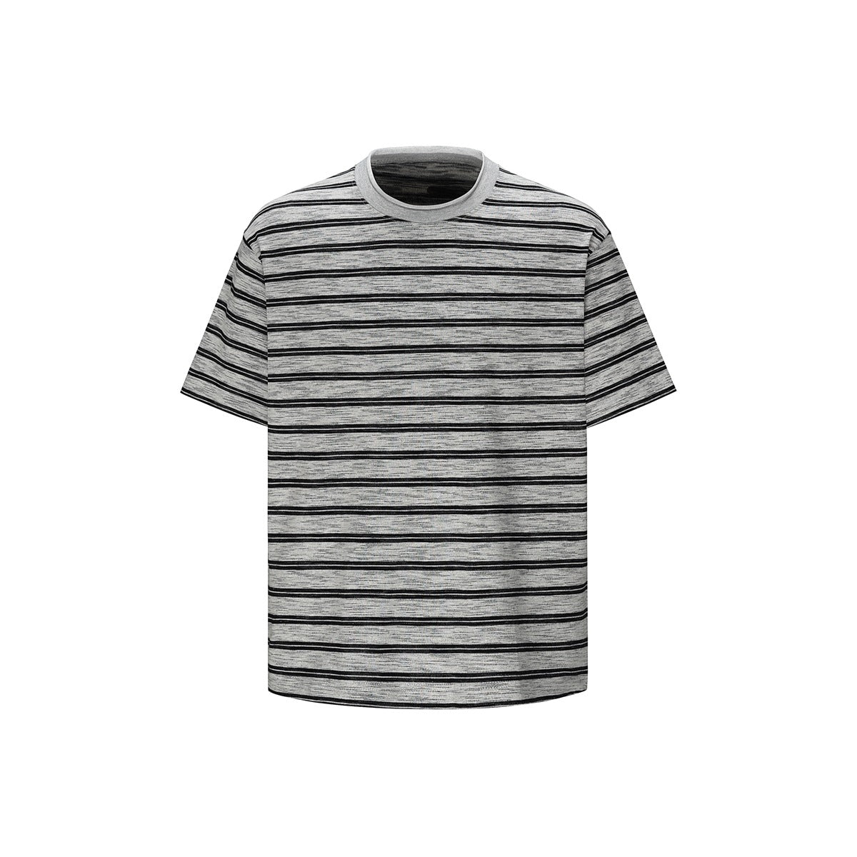 Black and gray horizontal-striped short-sleeve crew-neck T-shirt, flat front view on a white background