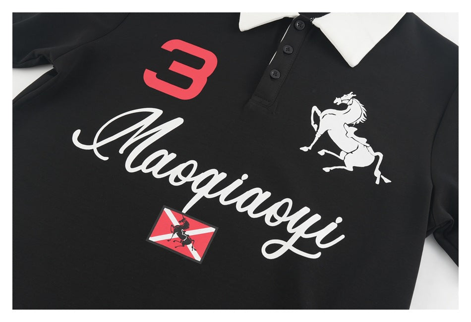 Black polo shirt front with white collar, red number 3, white horse graphic and large script lettering.