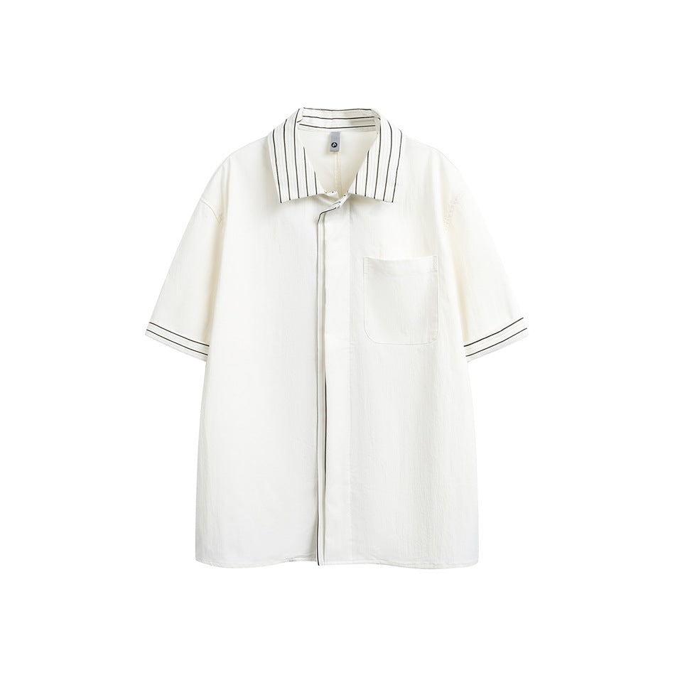 Off-white short-sleeve shirt with black striped collar and cuffs, chest pocket and concealed placket, flat view