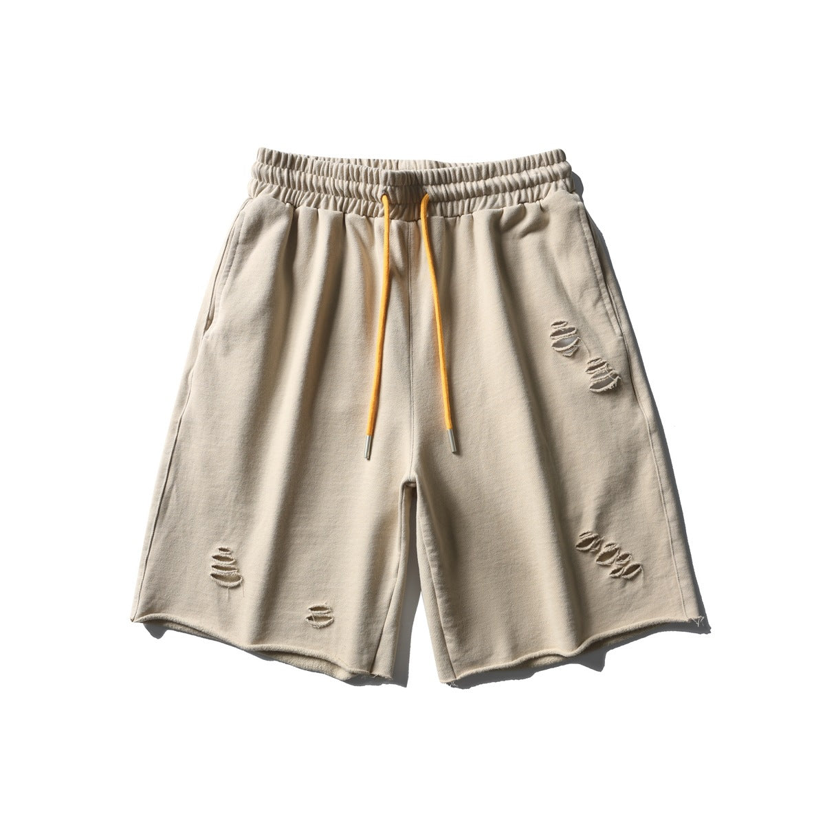 Beige distressed drawstring shorts with orange cord, front flat lay