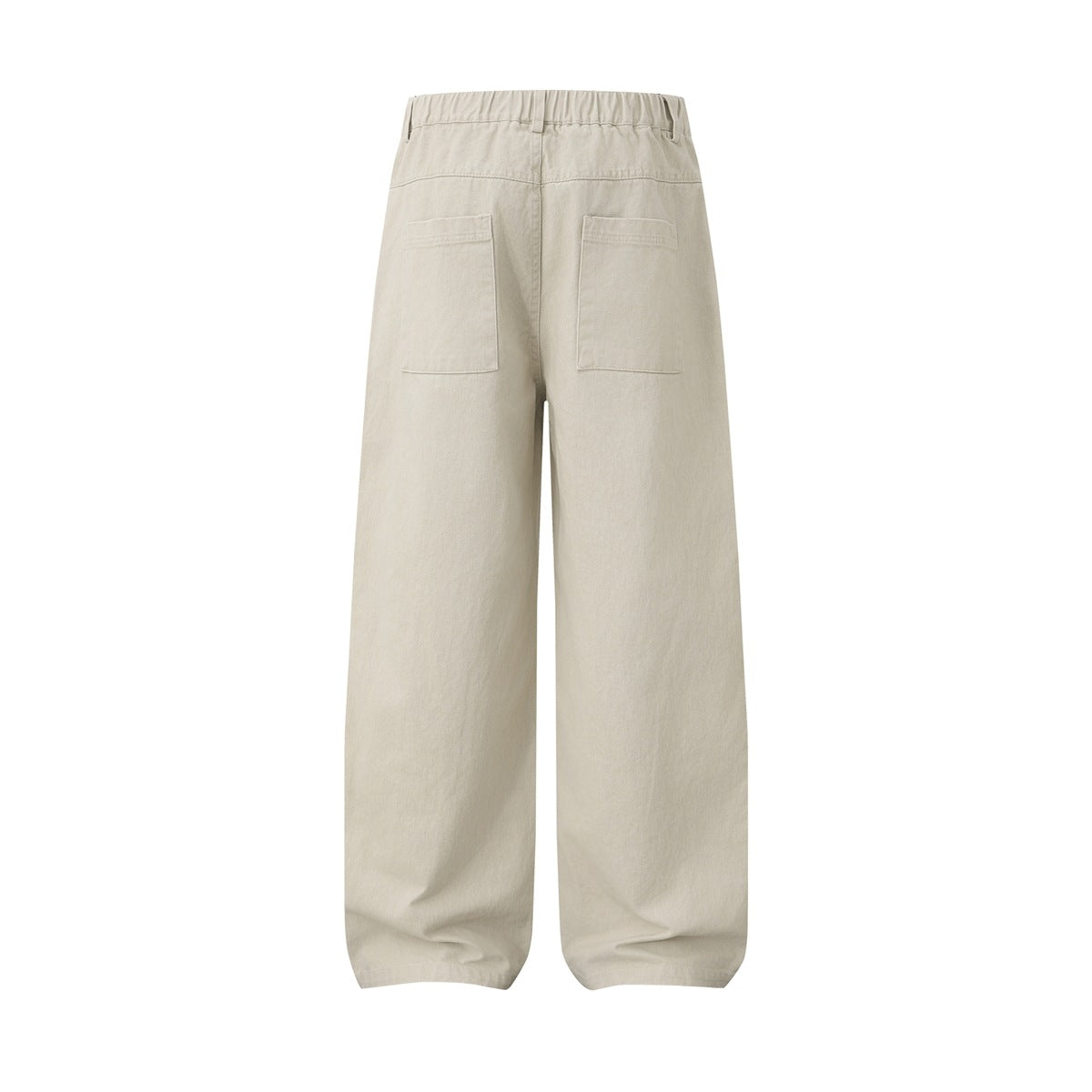 Off-white wide-leg pants flat back view with elastic waistband and two large patch pockets