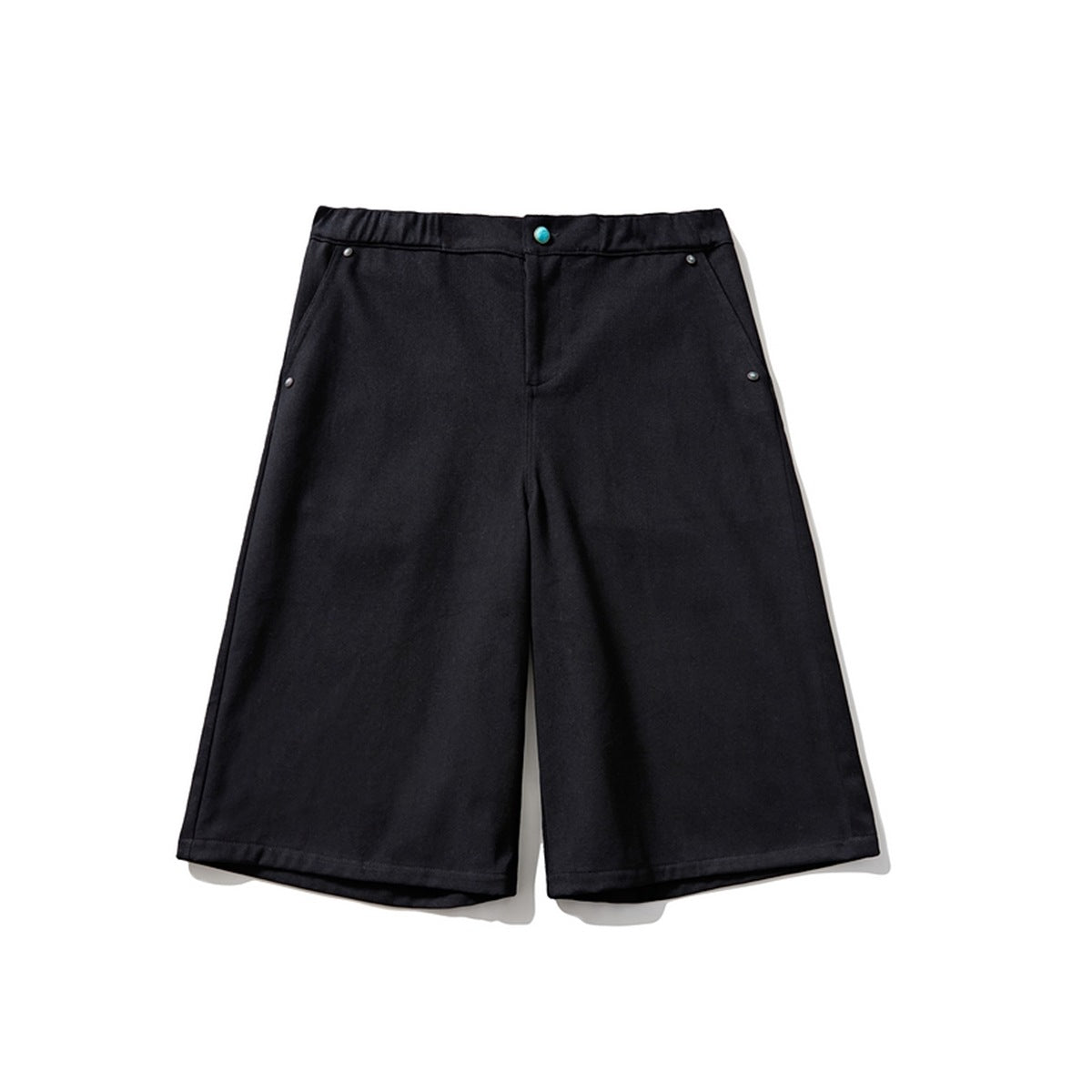 Black wide-leg knee-length shorts, front flat lay with elastic waist, turquoise button and side rivets