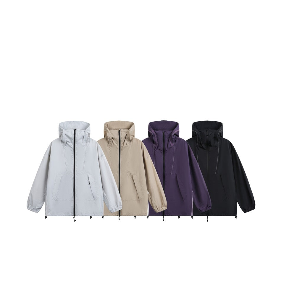 Four front views of the same high-collar zip jacket in light gray, tan, purple, and black.
