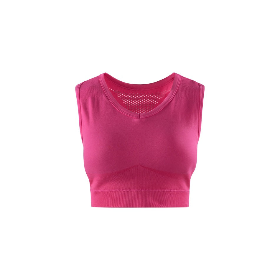 Raspberry pink sleeveless cropped sports top, front view, with a V seam at the neckline and a ribbed hem band