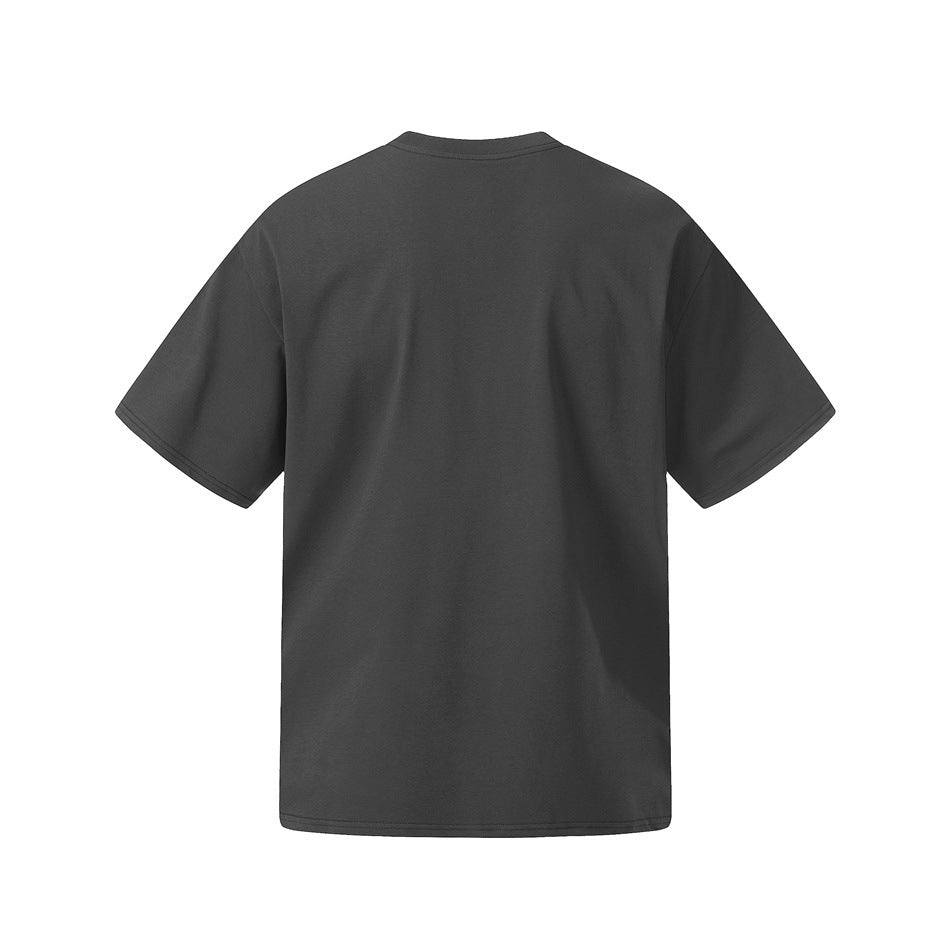 Plain charcoal gray short-sleeve crew-neck T-shirt shown from the back on a white background.