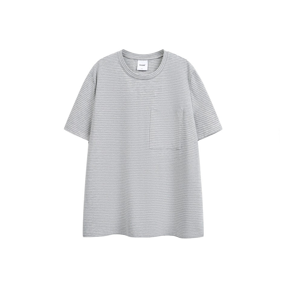 Gray short-sleeve crew-neck T-shirt with fine white horizontal stripes and a chest patch pocket, flat front view