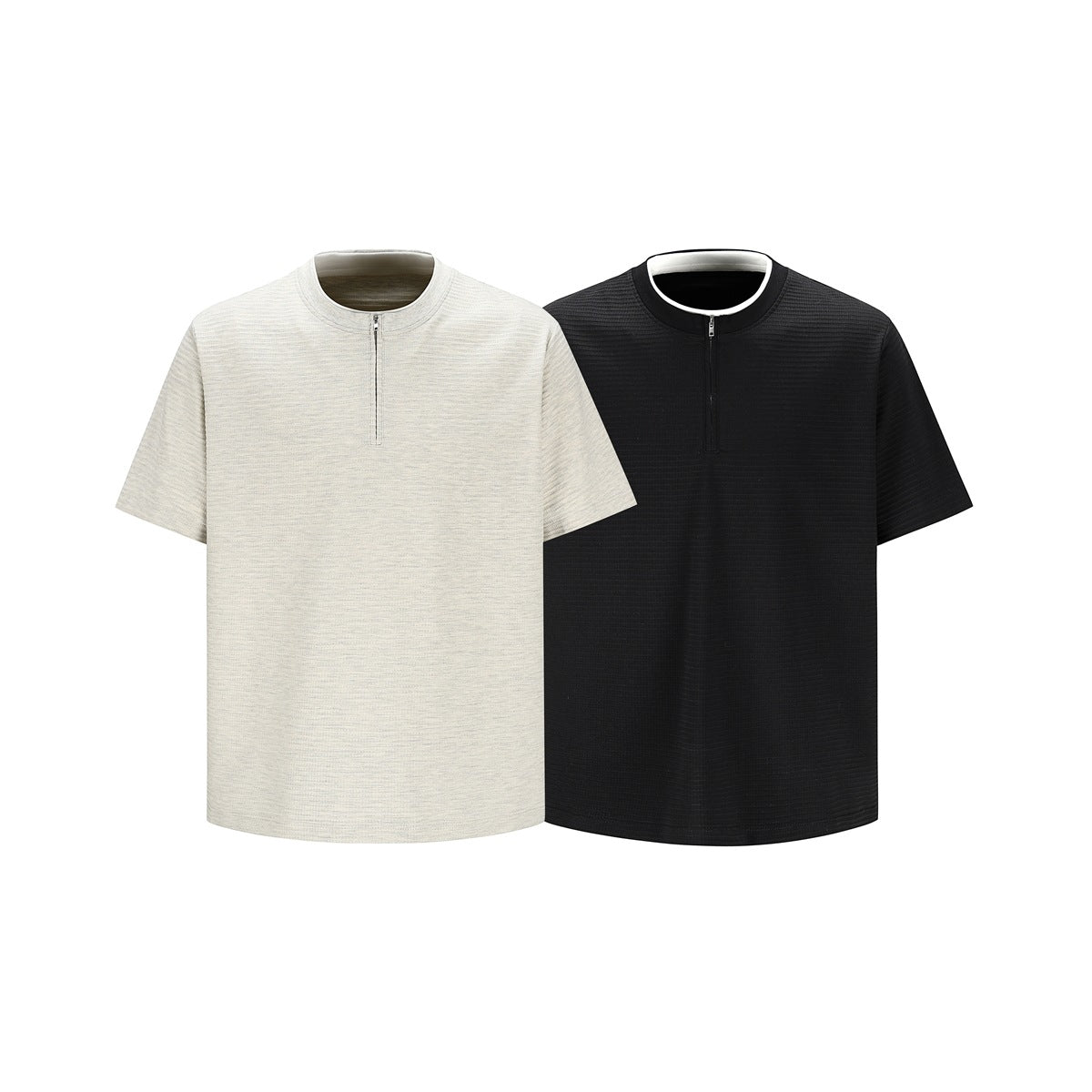 Two short-sleeve quarter-zip shirts shown from the front: one light heather and one black.