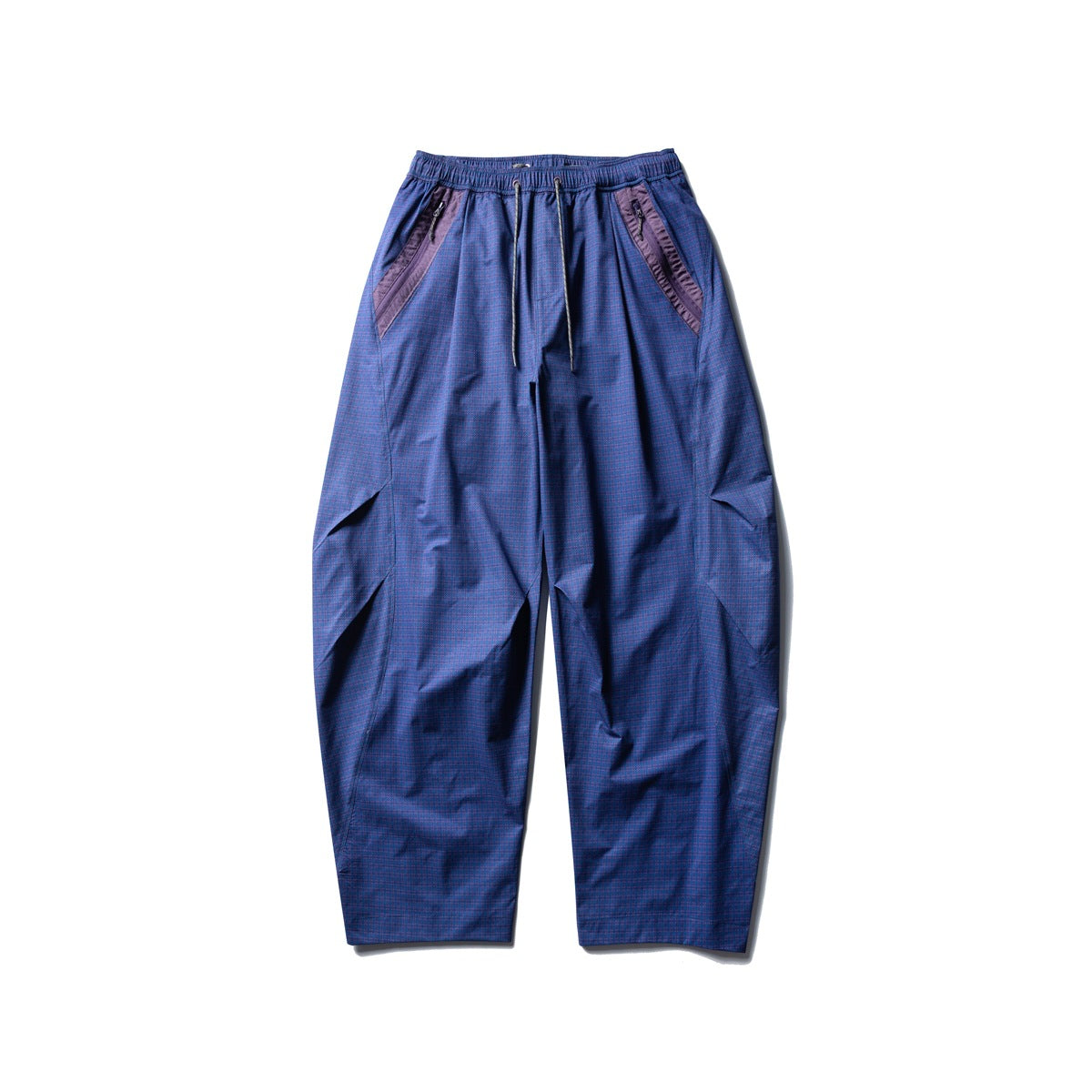 Prussian blue wide-leg pants with purple diagonal zip pocket trim, flat front view