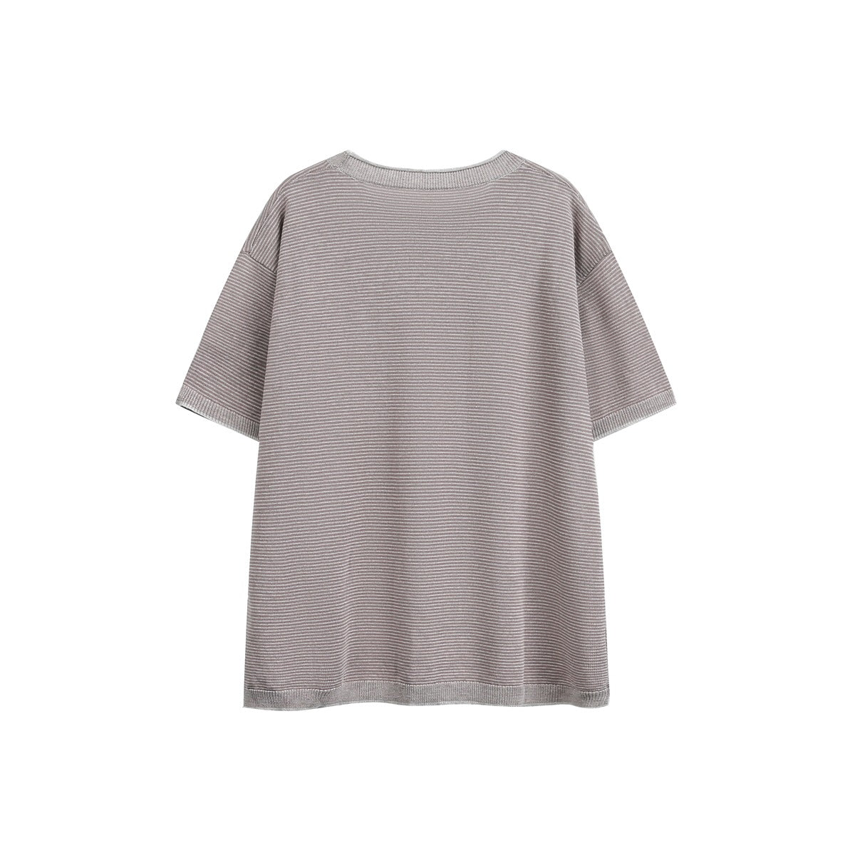Back view of a taupe short-sleeve knit top with fine horizontal stripes and a ribbed crew neck.