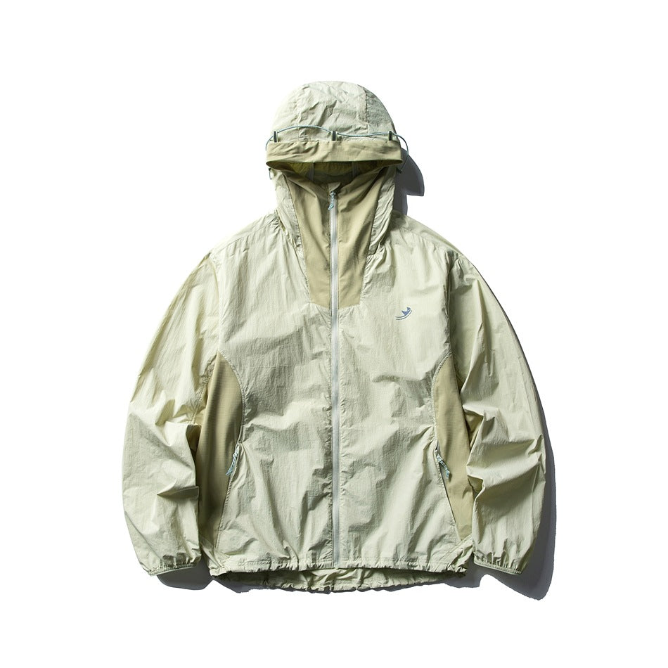 Pale sage green hooded full-zip jacket with contrast hood and side panels, front view on white