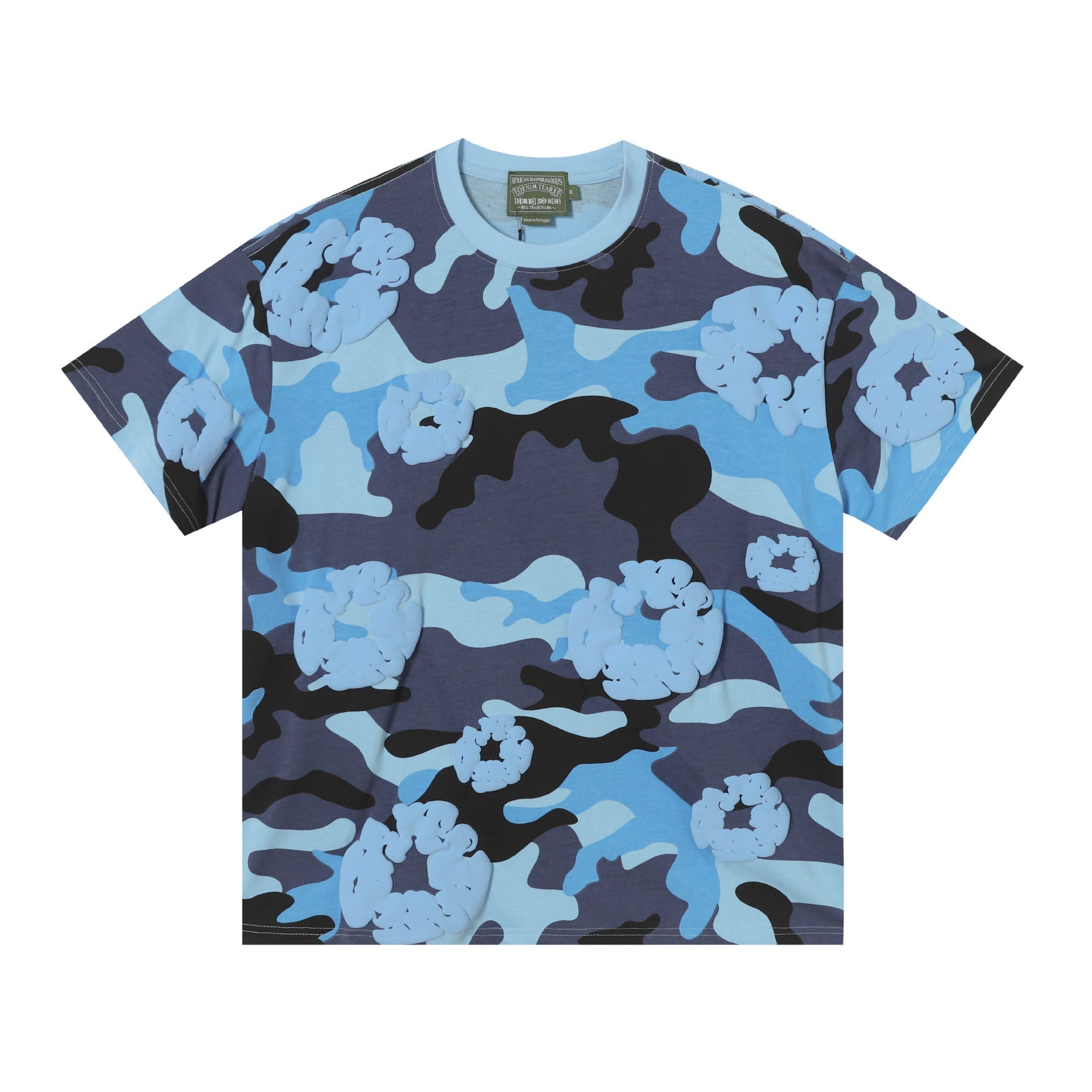 Denim Tears blue camouflage T-shirt with all-over cotton wreath print, crew neck, short sleeves, flat lay on white background