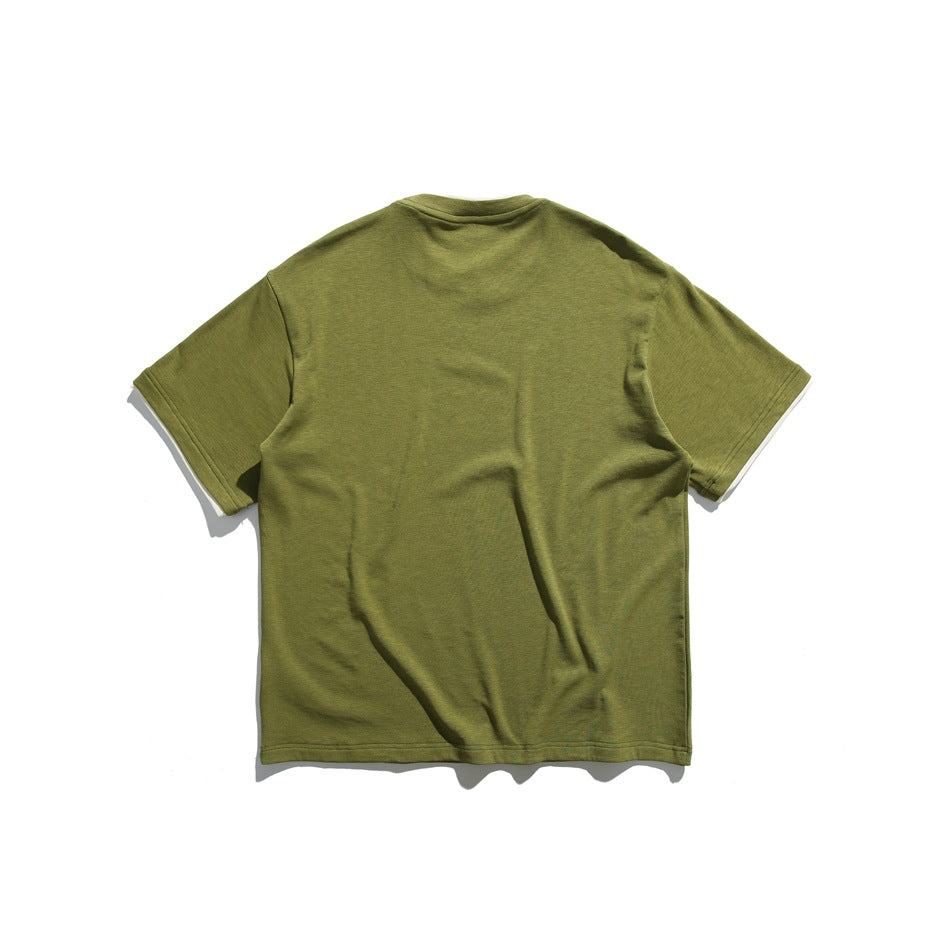 Back view of an olive green short-sleeve crew-neck tee flat lay