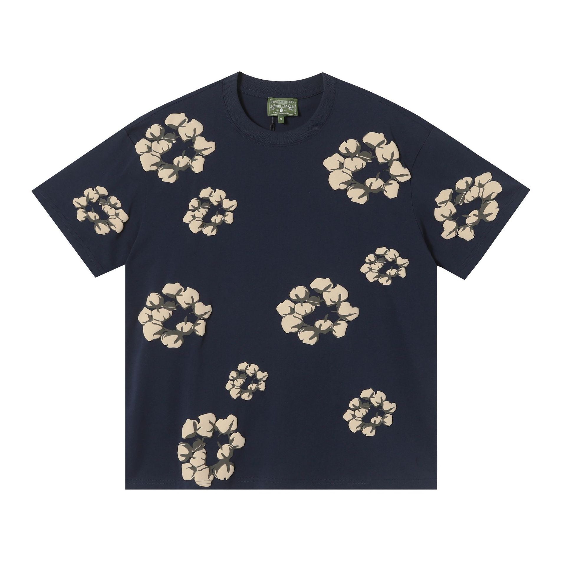 Denim Tears navy cotton T-shirt with allover beige cotton wreath graphic print on front and sleeves