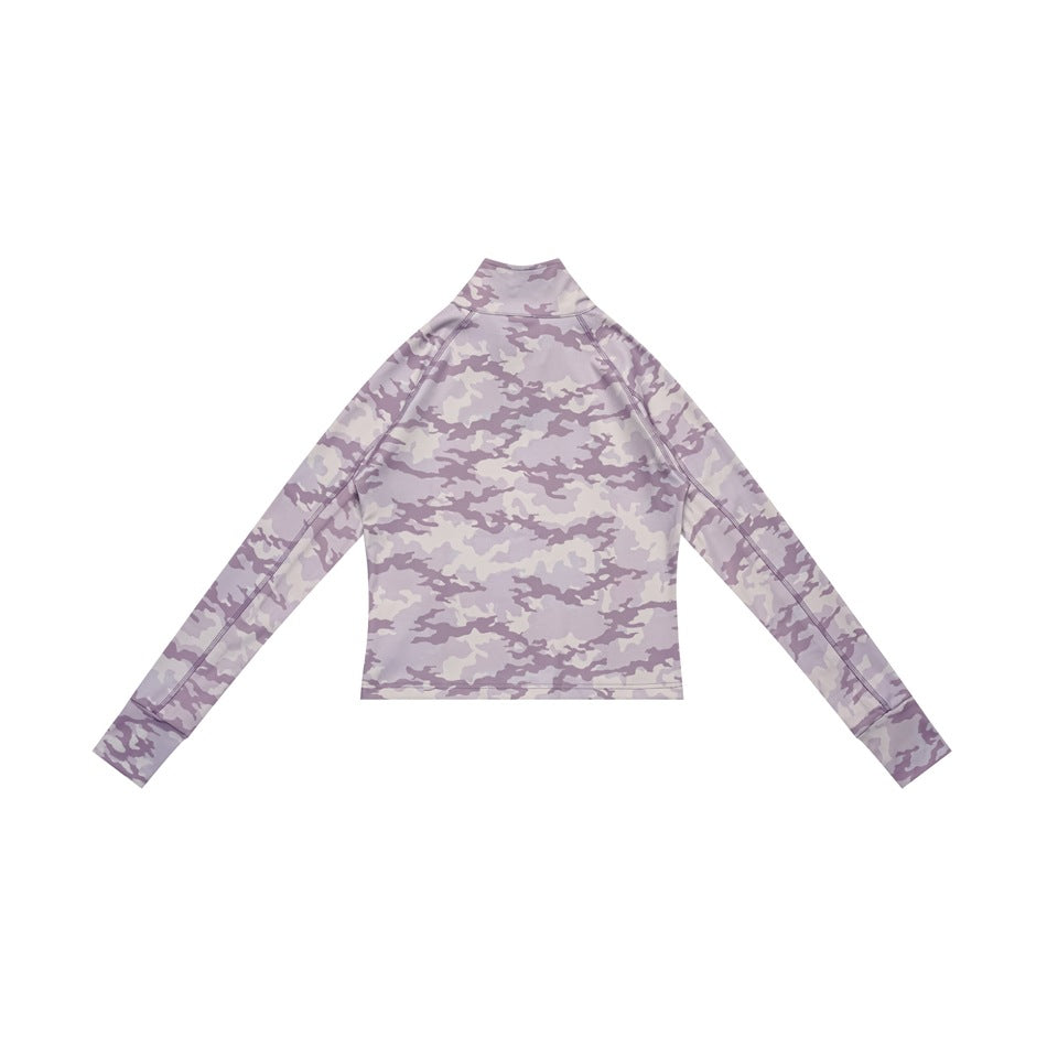 Back view of a long-sleeve zip-up top in lavender, gray, and white camouflage.