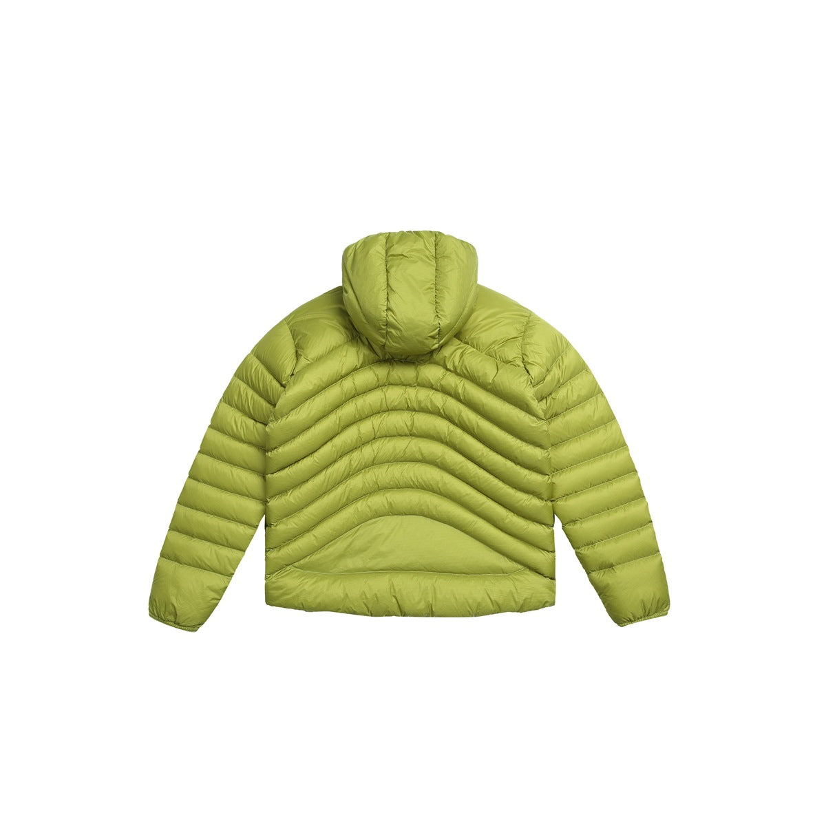 Back view of a lime-green hooded puffer jacket with curved chevron quilting.
