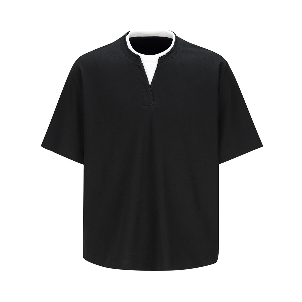 Black short-sleeve T-shirt with notched V-neck, white under-layer and contrast edge stitching, flat front view