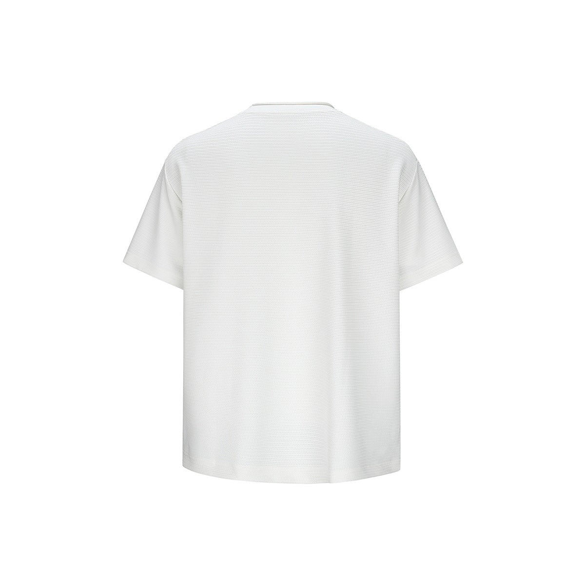 White short-sleeve T-shirt back view showing fine horizontal ribbed texture and dropped shoulders