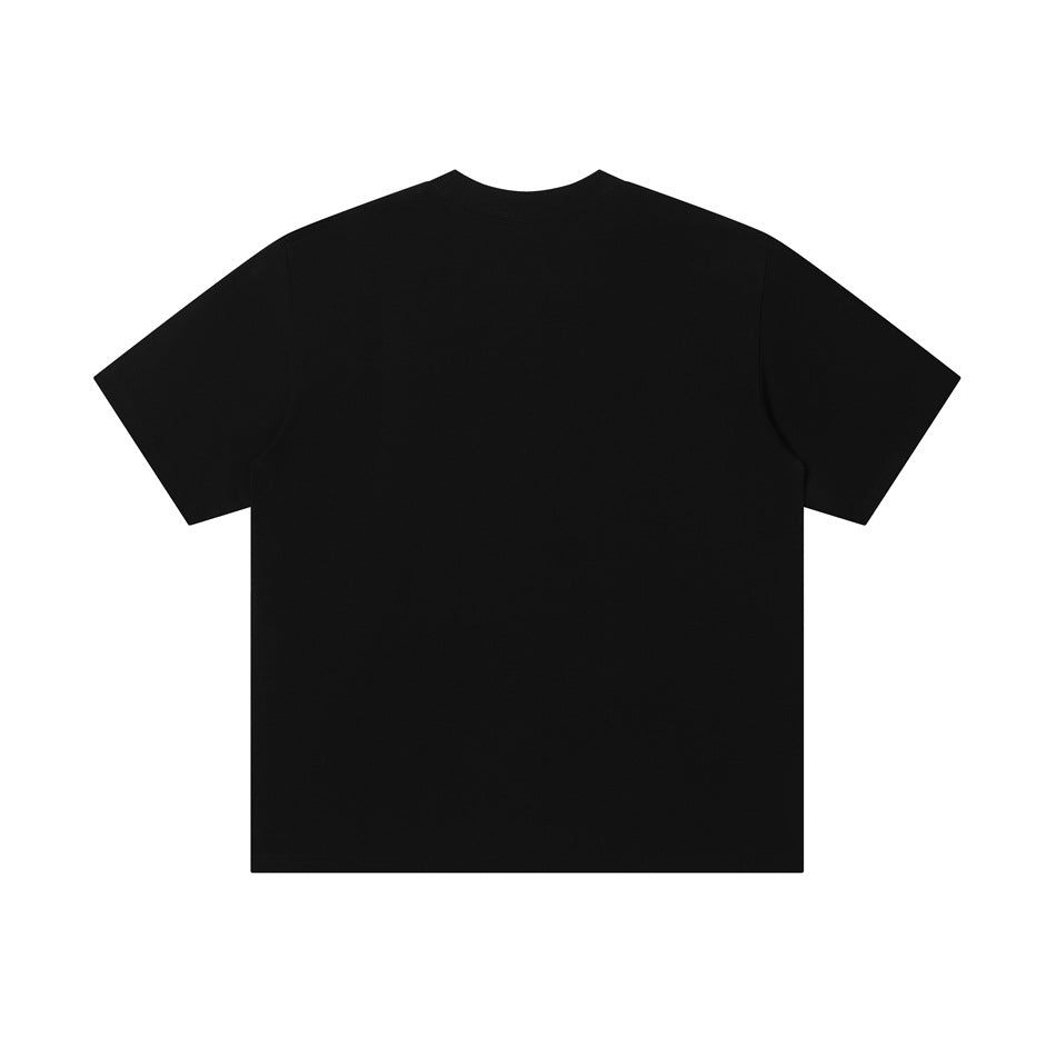 Plain black short-sleeve crew-neck T-shirt shown from the back on a white background.