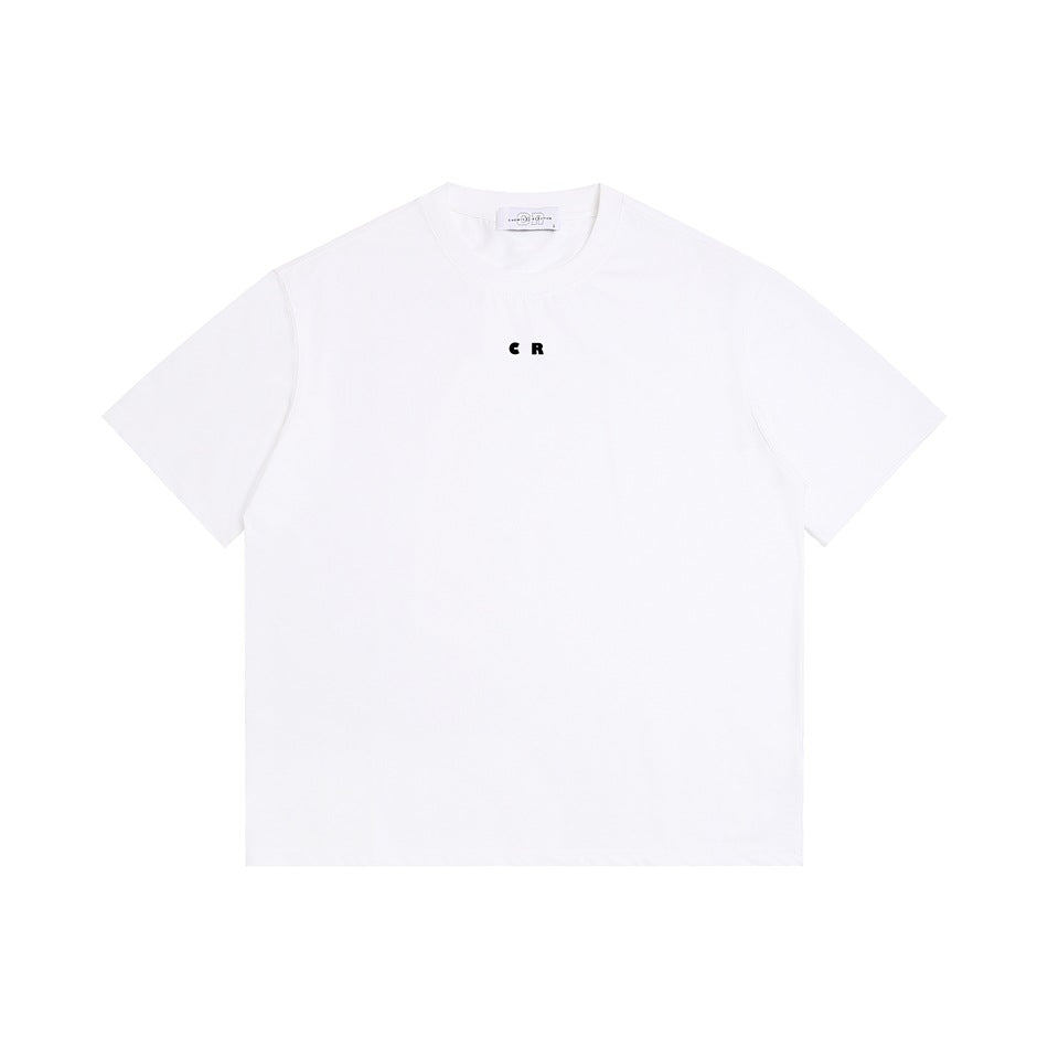 Front view of a white short-sleeve crew-neck T-shirt with a small black CR chest mark.