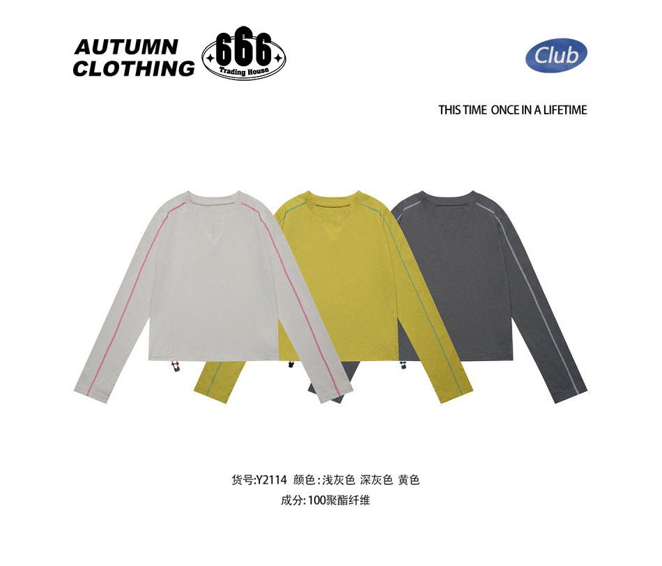 Three cropped long-sleeve tops in light gray, yellow-green and dark gray, with a supplier note listing 100% polyester fiber