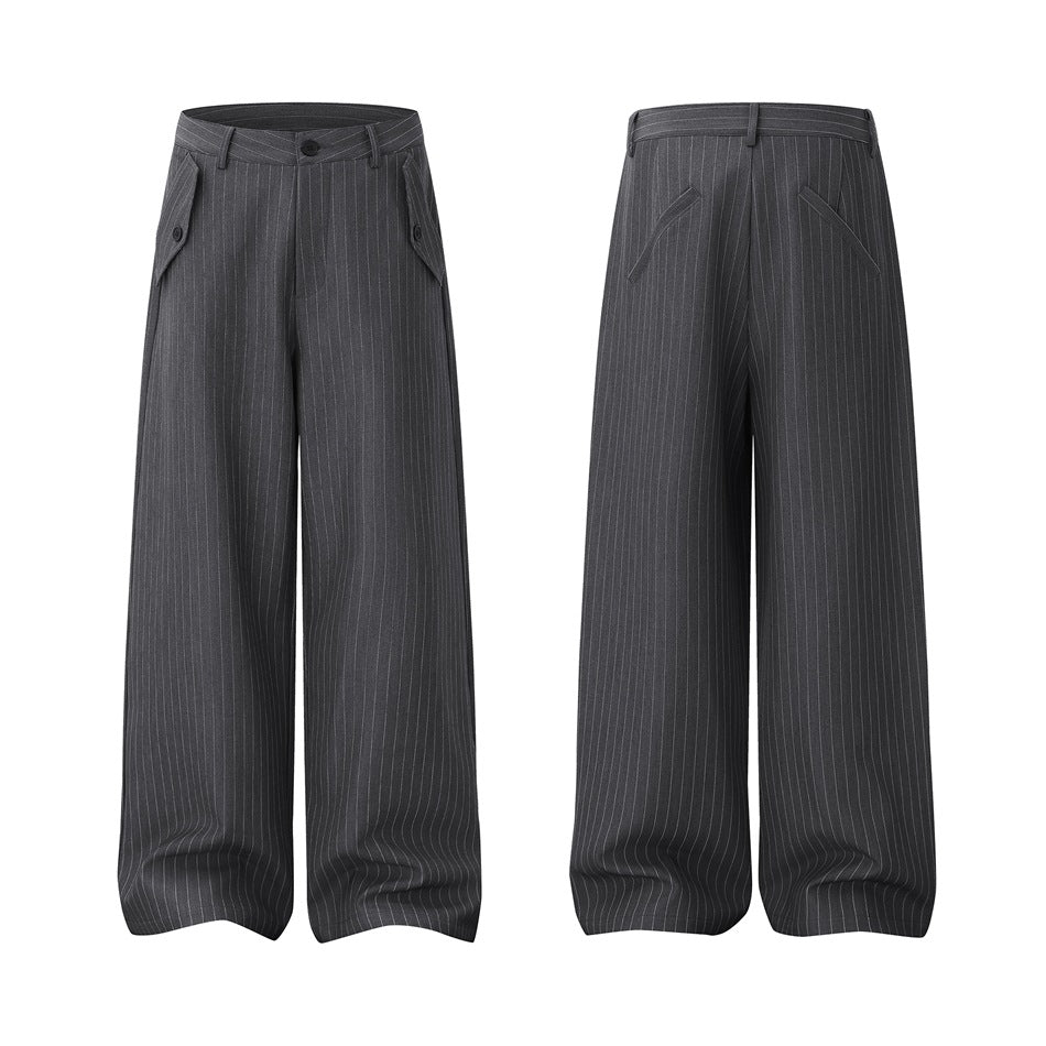 Charcoal pinstripe wide-leg trousers shown from the front and back, with buttoned side pockets and belt loops.