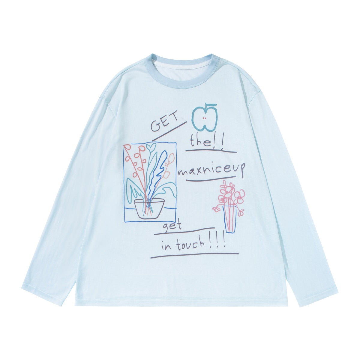 Light blue long-sleeve crew-neck tee with hand-drawn plant, apple and handwritten text print, flat lay front view