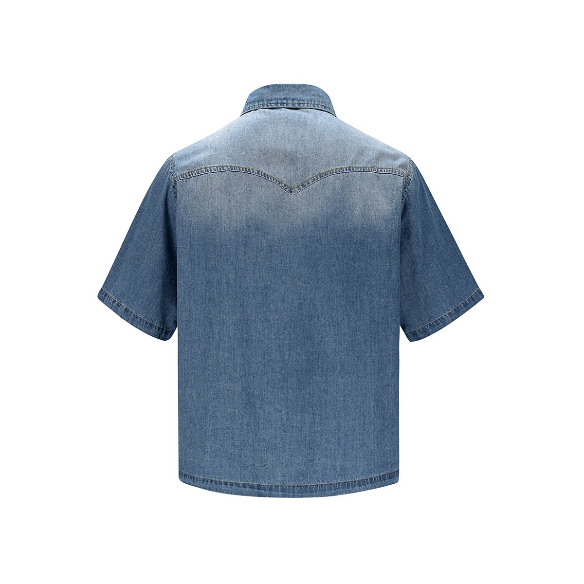 Back view of a light blue short-sleeve denim shirt with a pointed yoke seam and darker sleeves.