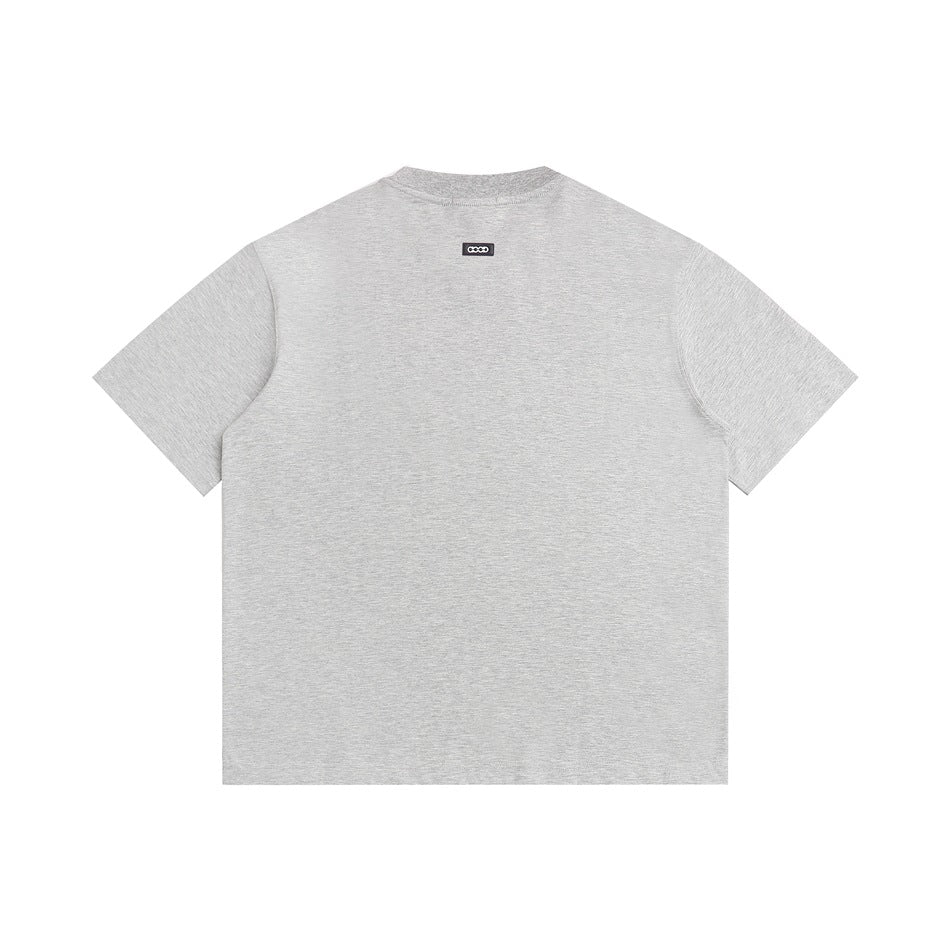 Back view of heather gray short-sleeve T-shirt with a small label below the neckline, flat lay