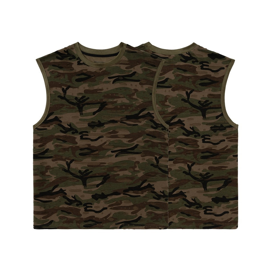 Flat-lay views of a sleeveless crew-neck top in distressed olive, brown, and black camouflage.
