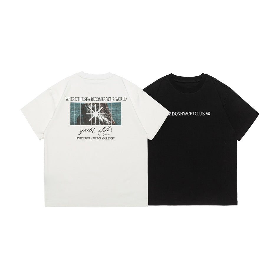 Off-white T-shirt shown from the back with a nautical graphic, beside a black T-shirt front with chest lettering.