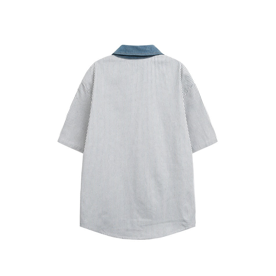 Back view of blue-gray striped short-sleeve shirt with blue denim-look collar, flat lay