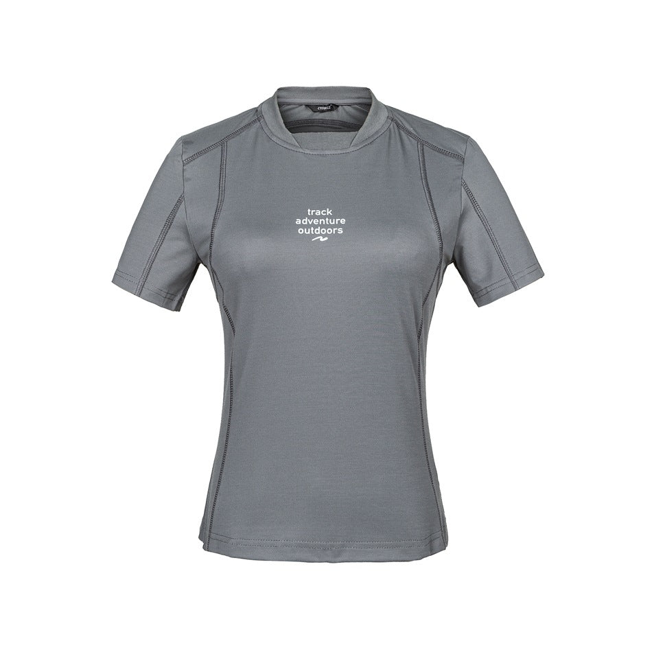 Gray short-sleeve crew-neck women's T-shirt with dark topstitched seams and a small white chest print, front view