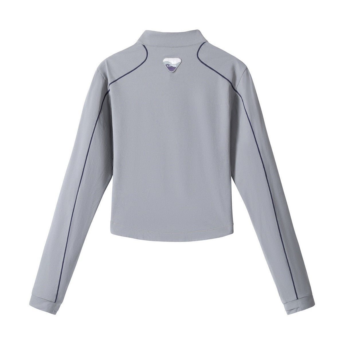 Back view of a gray cropped long-sleeve pullover with a stand collar, dark piping, and a small triangular upper-back patch.