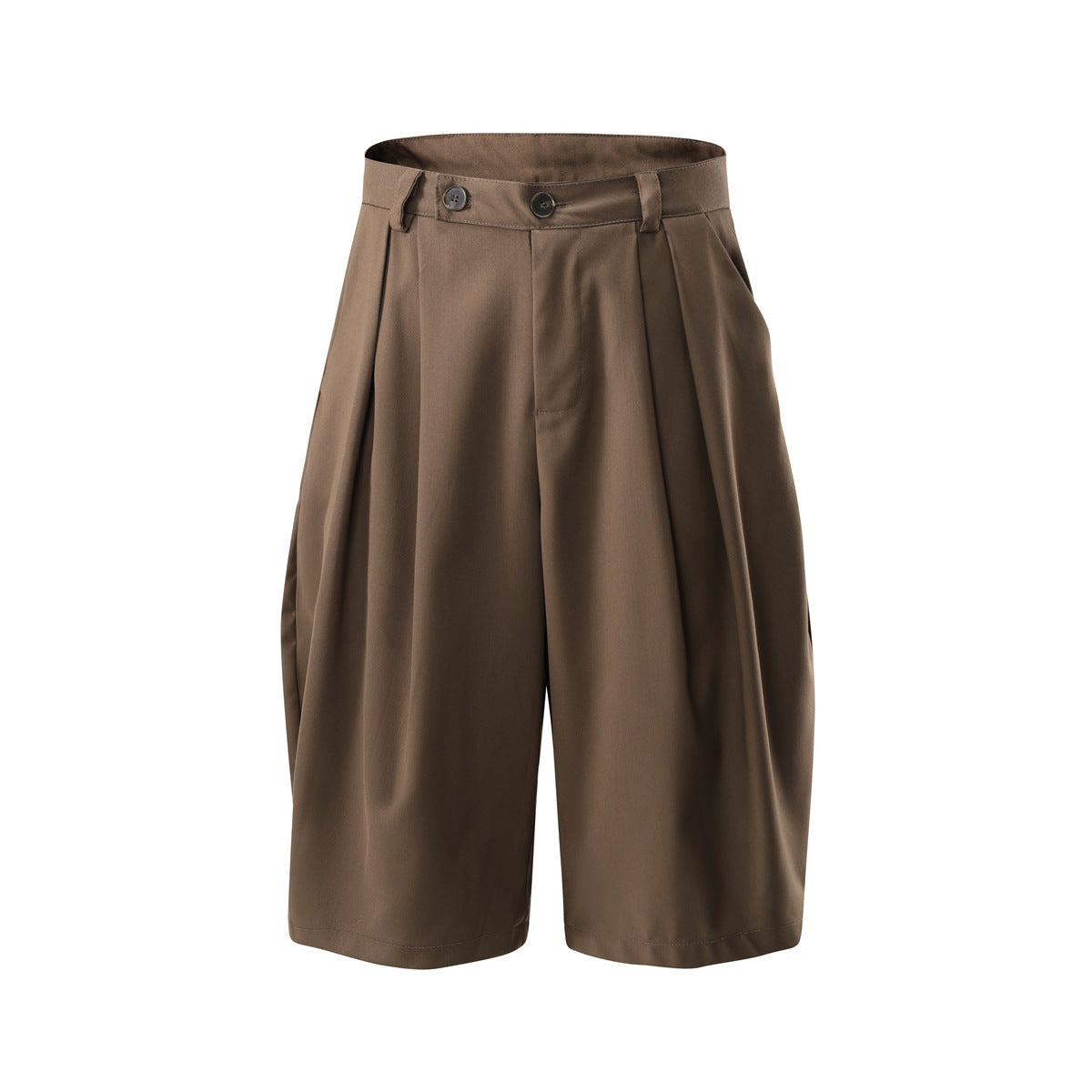 Brown pleated knee-length wide-leg shorts with two-button waistband, front view on white background