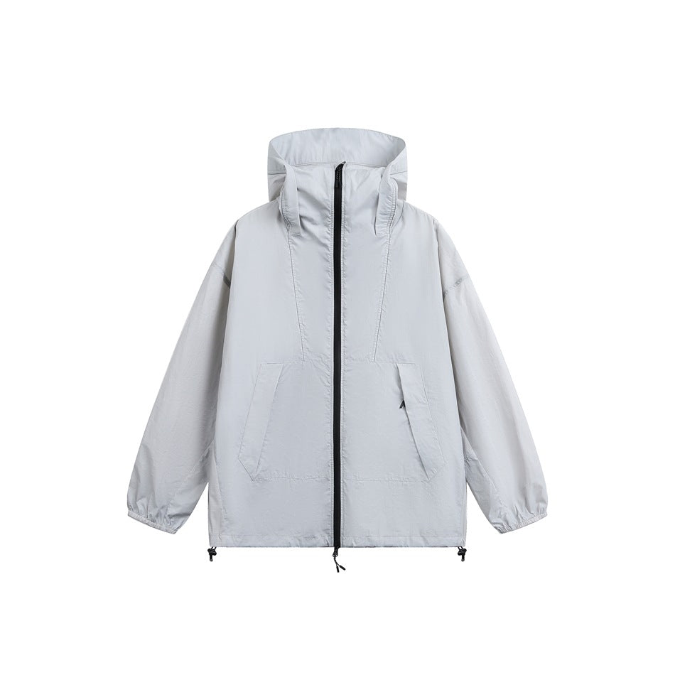 Light gray hooded zip-up jacket with front pockets, elastic cuffs and hem drawcords, flat front view