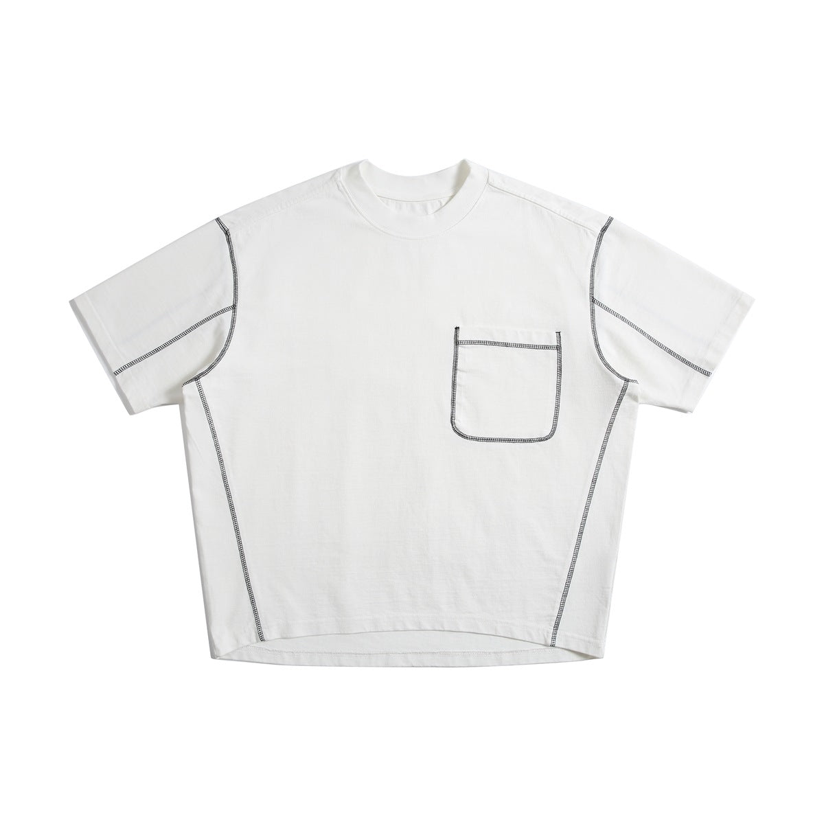 White short-sleeve crew-neck T-shirt with chest pocket and dark contrast stitching, flat front view