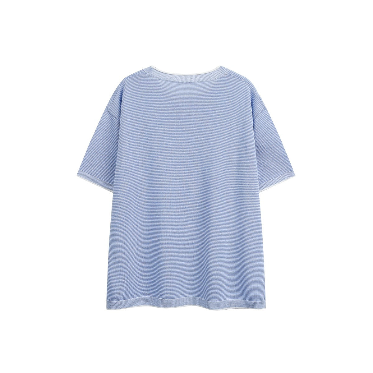 Back view of light blue striped short-sleeve knit T-shirt with white trim at neckline, cuffs and hem