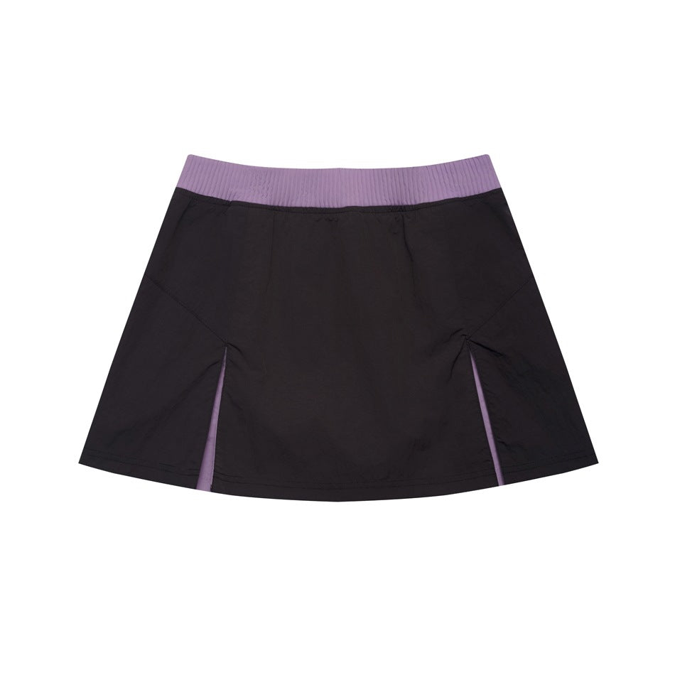 Black A-line mini skirt with lilac ribbed waistband and front vent slits with lilac inserts, flat lay