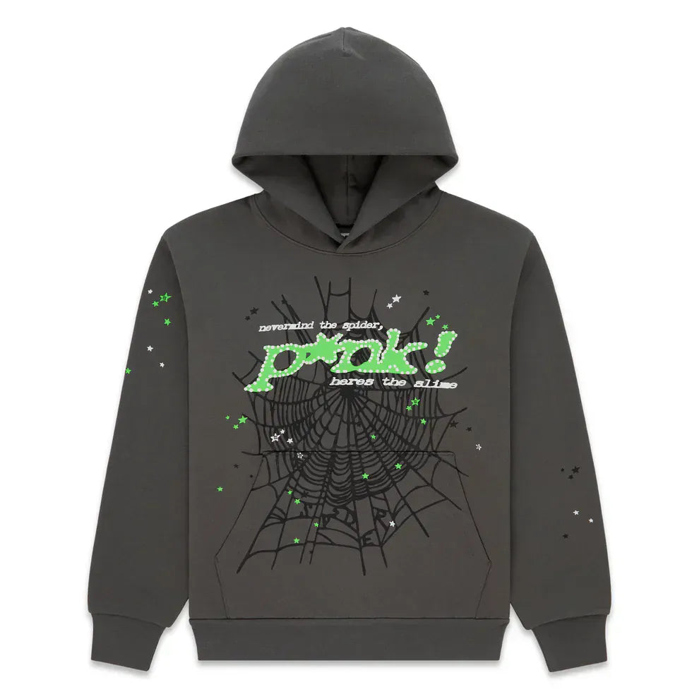 Sp5der “P!nk! Hares the Slime” Hoodie – Olive Green 440GSM Heavyweight Spider-Web Pullover